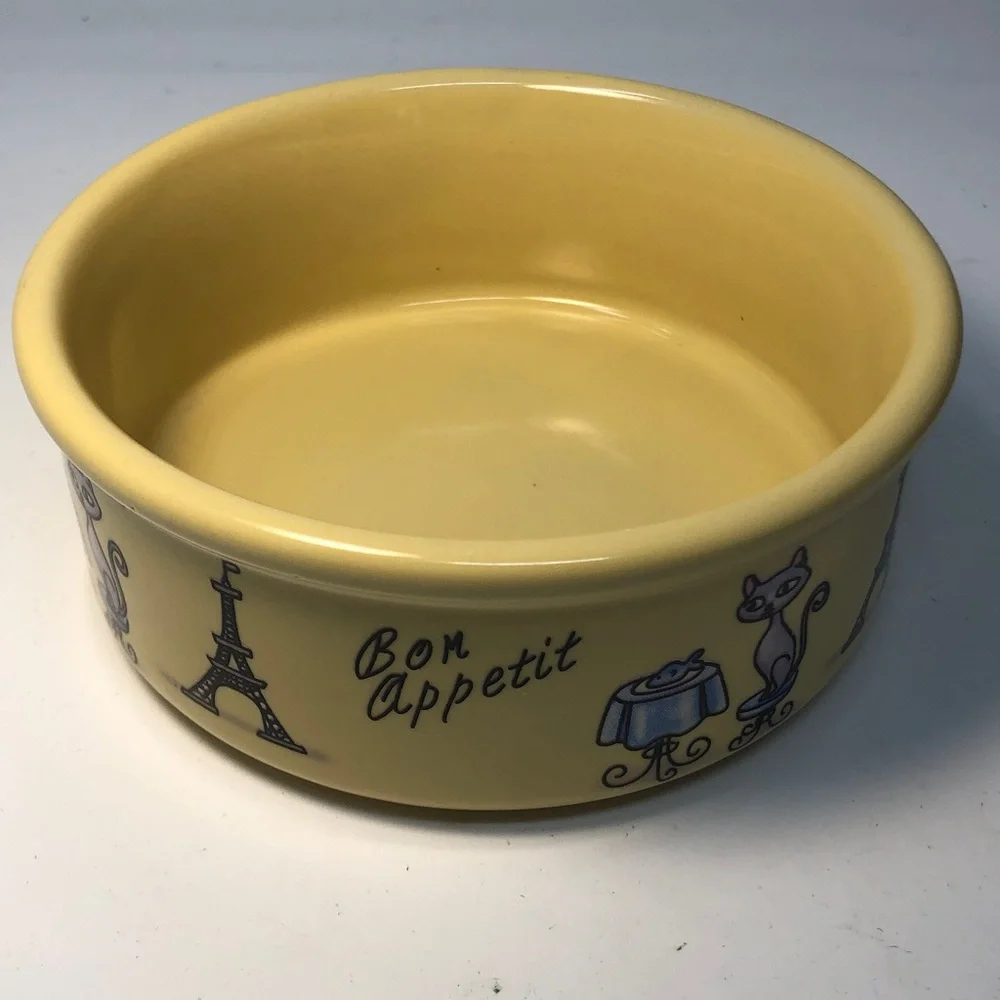 Yellow Ceramic Pet Bowl with cat & Eiffel Tower Design